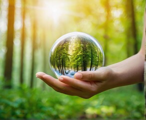 
Hands gently hold a glass globe amid the vibrant greenery of a forest, symbolizing a commitment to environmental awareness.