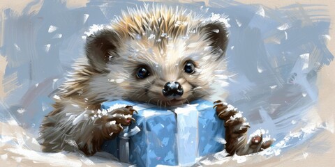 Hand drawn cute hedgehog holding a Christmas gift. Concept: Gifts and holiday greetings, birthday and cute characters in illustration, greeting cards.