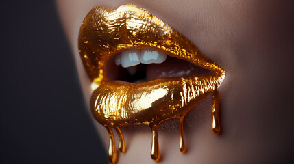 Gold Paint drips from the lips, lip-gloss dripping from sexy lips,
