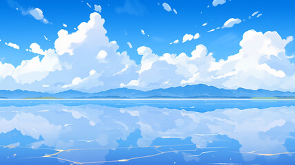Cartoon lake scenery illustration under blue sky
 - obrazy, fototapety, plakaty