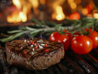Zoomed-in shot of steak cooking on a grill, fire behind, and a cluster of tomatoes alongside 
