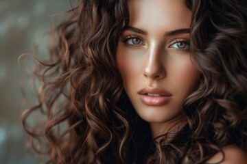 Beautiful girl with long wavy hair . Brunette with curly hairstyle - obrazy, fototapety, plakaty