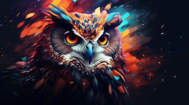 Colorful Double Exposure Abstract Owl Portrait,Owl on abstract background. Bird of prey. Digital painting, Abstract animal owl portrait closeup with colorful double-exposure paint