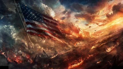 American flag and explosion of fire