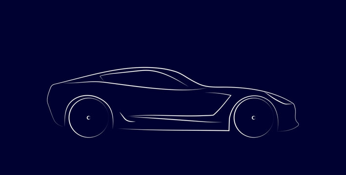 Modern sports car coupe white light silhouette line sketch isolated on blue background, side view. Electric car technology concept vector illustration