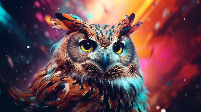 Colorful Double Exposure Abstract Owl Portrait,Owl on abstract background. Bird of prey. Digital painting, Abstract animal owl portrait closeup with colorful double-exposure paint