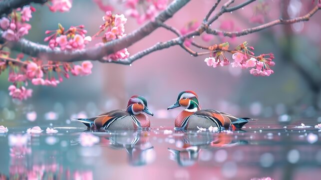 Branches full of cherry blossoms are reflected in the lake, a pair of mandarin ducks are resting on the lake