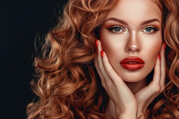 Fototapeta premium Beautiful woman with long shiny wavy hair and red nails.