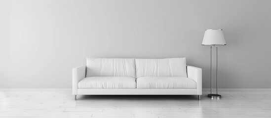 A white couch in a room with a lamp