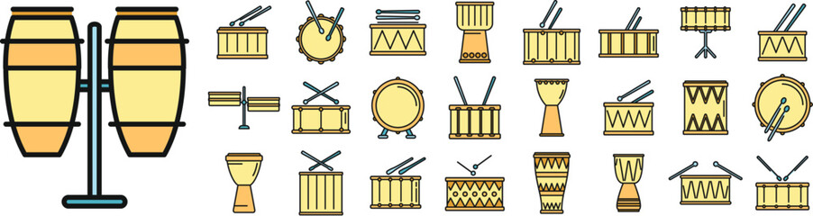 Drum icons set outline vector. Instrument music. Bongo bass thin line color flat on white - obrazy, fototapety, plakaty