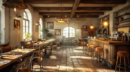 Hyper realistic italian trattoria interior with rustic charm and inviting warm lighting - obrazy, fototapety, plakaty