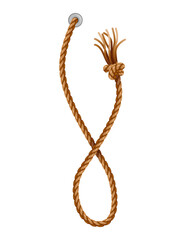 Knotted ropes with tassels and holes. Knot cord curve, rope sailor marine. Curtain tassels, realistic rope elements. Isolated marine twisted loops. illlustration