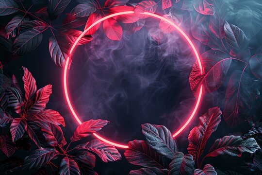 Circular red neon frame pulsates with light, showcasing a burst of tropical leaves against a dark, two-toned background of turquoise and sky blue. The digitally manipulated image evokes a junglepunk d