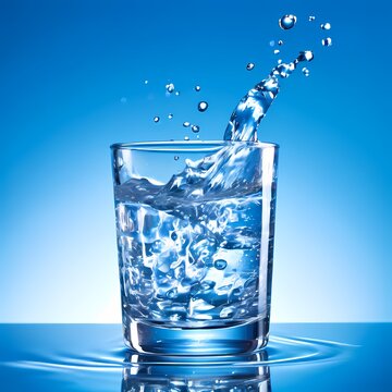 A glass of crystal clear clear water with splashes on a blue background..