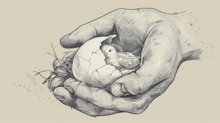 Hands Protecting a Bird and Egg, Sketch Signifying New Life and Care