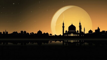 Silhouette of a mosque reflected in the water towering over the city against the backdrop of the setting sun