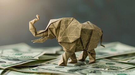 Origami Elephant Standing on Paper Money,Embodying Solid Business Foundations and Strength in Finance - obrazy, fototapety, plakaty