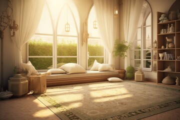 Luxurious living room interior with warm lighting and a cozy seating area with comfortable pillows and a plush rug in front of the arched windows. Interior in oriental style - obrazy, fototapety, plakaty
