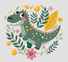 Funny green dinosaur. Cartoon stegosaurus on background of leaves and flowers. Cute dino. Childish illustration. © Sirbon