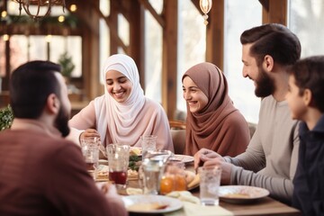 A Muslim family has a good and fun time at the festive table. Women in hijabs laugh - obrazy, fototapety, plakaty