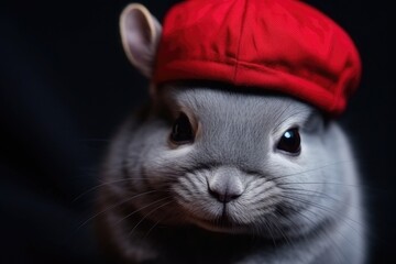 Close-up portrait of a chinchilla in a red beret - obrazy, fototapety, plakaty
