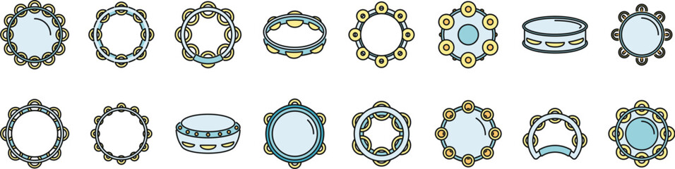 Tambourine icons set outline vector. Carnival samba. Music brazil thin line color flat on white