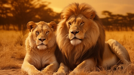 Stunning African Lion Couple: Pair of Wildlife Predators in Their Natural Pride