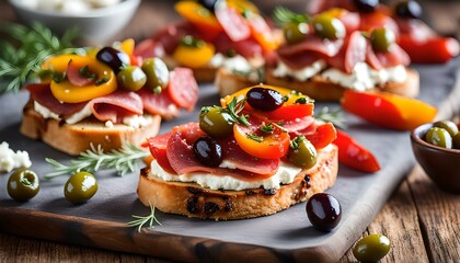 salami bruschetta with roasted peppers goat cheese olives
 - obrazy, fototapety, plakaty