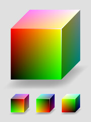 Vector color cube with red and green gradients, representing a part of RGB color space. 4 different views