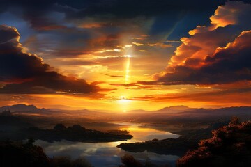 Panoramic view of colorful sunrise in mountains. Filtered