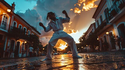 Cinematic capoeira dancer portrait in salvador city streets at dusk with street lamps illumination