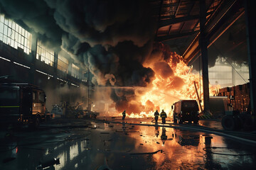 A team of firefighters extinguishes a strong fire at an industrial plant.Brave people perform dangerous work.Firefighters use water and a fire extinguisher to fight the flames of a fire in an emergenc