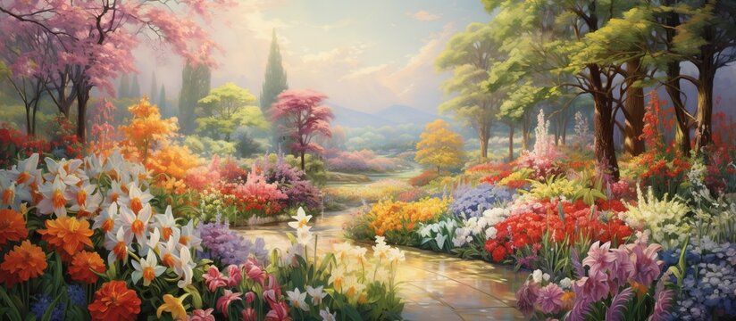 Lush garden painting showcasing vibrant flowers and lush green trees under a clear blue sky