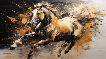 Contemporary Gold Horse Painting with Dynamic Brushstrokes and Knife Techniques - Perfect for Wall Art and Murals