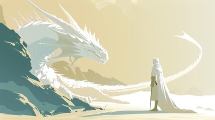 Serene Encounter with a White Dragon, Fantasy Illustration