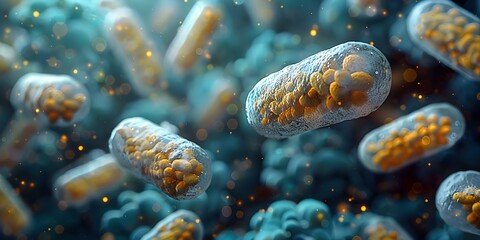 Closeup image of probiotics bacteria in a scientific setting showcasing their role in digestion and health. Concept Microbiology, Probiotics, Digestive Health, Scientific Research - obrazy, fototapety, plakaty