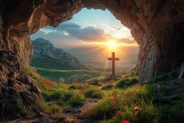 Easter concept, holy cross, sunset, view from the cave