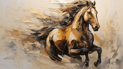 Contemporary Gold Horse Painting with Dynamic Brushstrokes and Knife Techniques - Perfect for Wall...