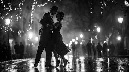 Dynamic tango dancers in buenos aires night, high contrast, sharp details in soft ambient light