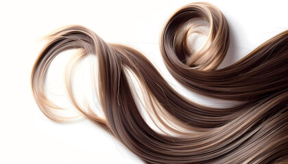 Brunette hair for hair extensions on white background. Generative ai design concept.