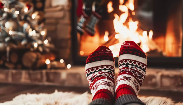 Cosy warm living room fireplace with warm socks. Generative ai design concept art.