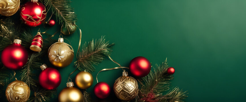 Christmas background with golden and red ornaments on green, festive decoration for holiday celebration banner template.