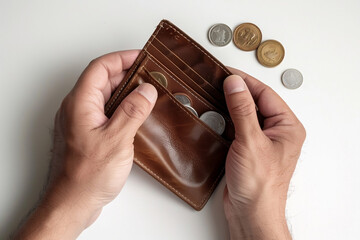 Close-up of a man's hands holding a wallet with coins,on a white isolated background.A man holds a wallet with several coins in his hand.the problem of inflation, crisis.