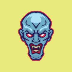 Blue angry zombie head with show teeth