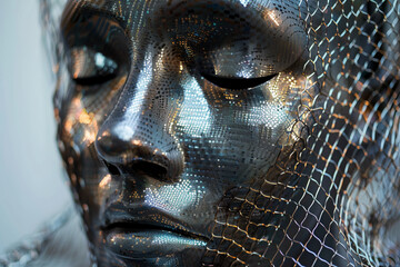 Generate an image of a mask constructed from shimmering metallic mesh, representing modernity and innovation