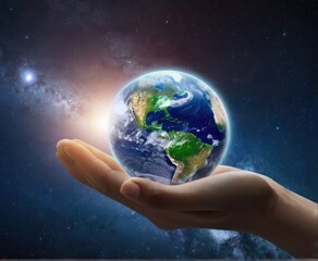 
In a cosmic embrace, a hand cradles Earth, the blue globe symbolizing our interconnected world amidst the vastness of space.
