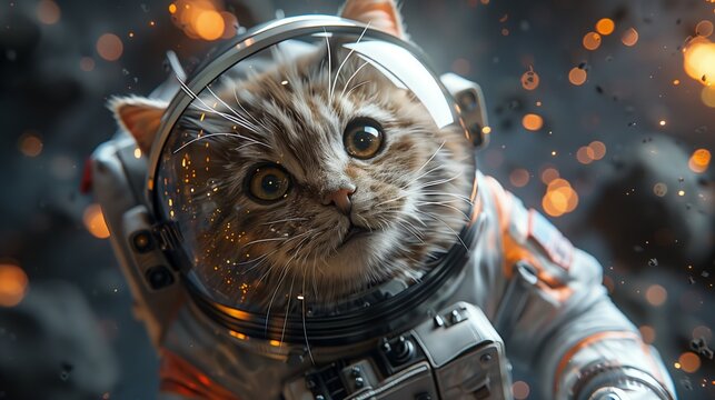 A detailed illustration of a fluffy cat in an astronaut suit, floating amidst a backdrop of glittering cosmic elements.