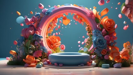 3d render podium cosmetic product presentation, round stage with flowers and petals - obrazy, fototapety, plakaty