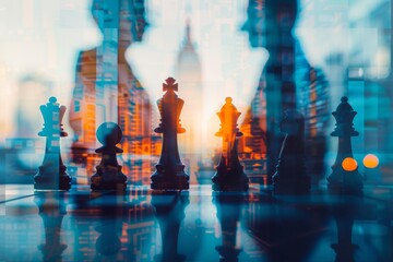 Chess pieces on a board with a vibrant cityscape silhouette in the background, symbolizing business strategy - obrazy, fototapety, plakaty