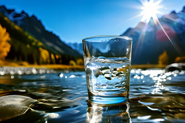 A glass of crystal clear clear water with splashes against the background of nature in the mountains. Refreshing and healthy water on hot days..
